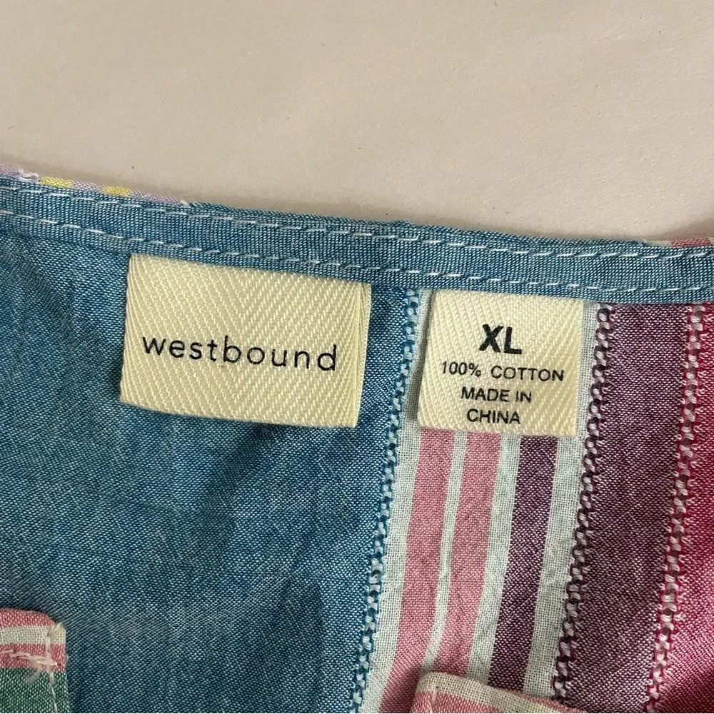 Westbound Colorful Rainbow Striped Cotton Blouse Top V Neck Size XL